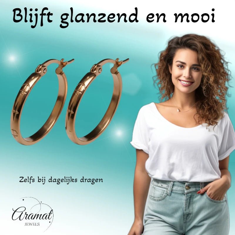 Oorringen – 25mm Creool Anker & Ster Motief RVS Roségoudkleur Dames - Aramat Jewels - Oorbellen - cadeautip