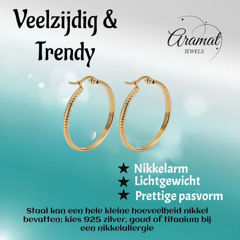 Oorringen – 25mm Creool Puntjes Patroon RVS Goudkleur Dames - Aramat Jewels - Oorringen - cadeautip