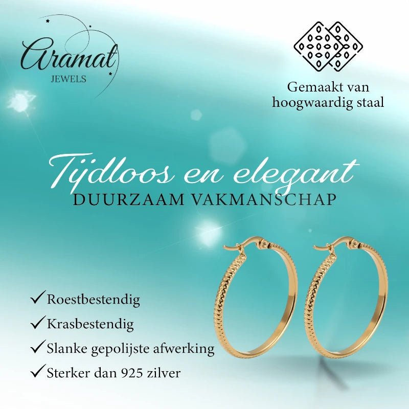 Oorringen – 25mm Creool Puntjes Patroon RVS Goudkleur Dames - Aramat Jewels - Oorringen - cadeautip