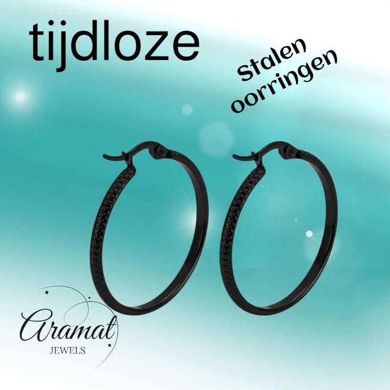 Oorringen – 25mm Creool Puntjes Patroon RVS Zwart Dames - Aramat Jewels - Oorringen - cadeautip