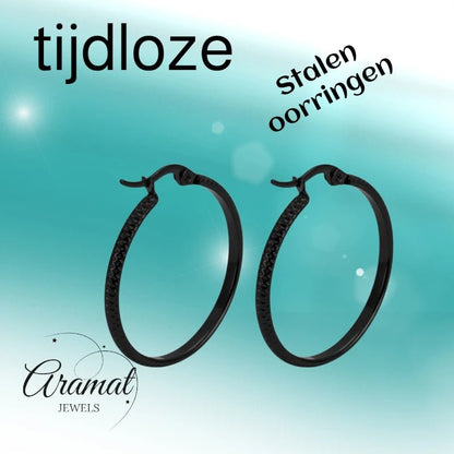 Oorringen – 25mm Creool Puntjes Patroon RVS Zwart Dames - Aramat Jewels - Oorringen - cadeautip