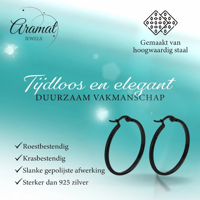 Oorringen – 25mm Creool Puntjes Patroon RVS Zwart Dames - Aramat Jewels - Oorringen - cadeautip