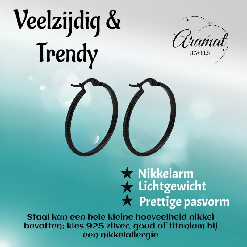 Oorringen – 25mm Creool Puntjes Patroon RVS Zwart Dames - Aramat Jewels - Oorringen - cadeautip