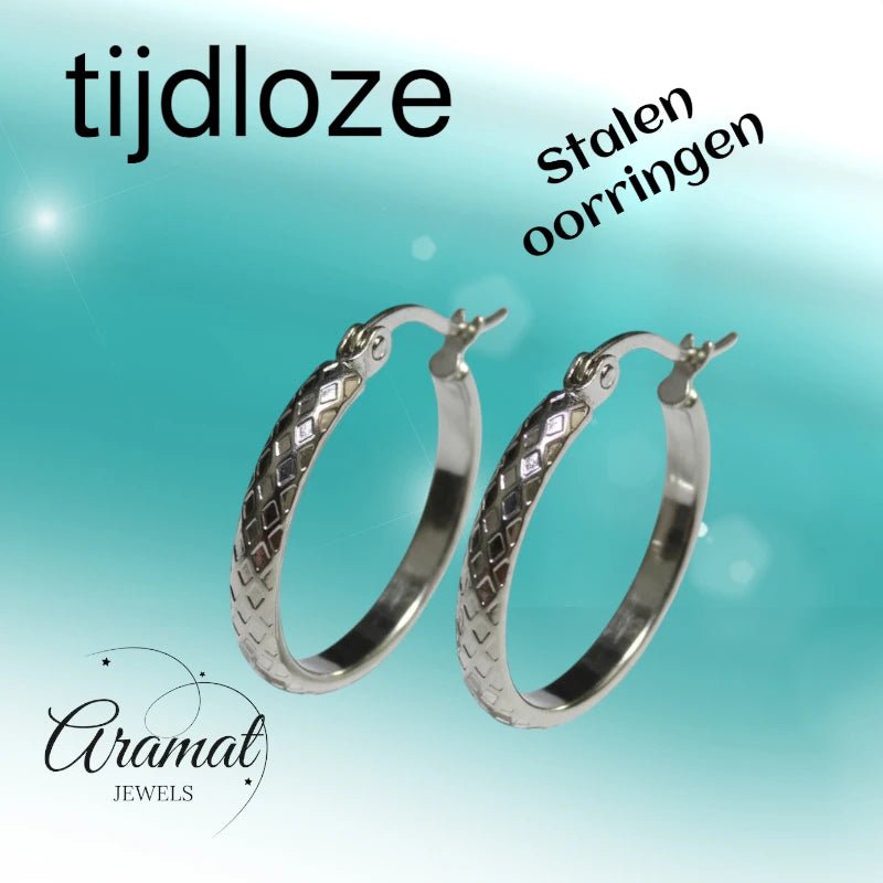 Oorringen – 25mm Creool Ruitjes Patroon RVS Zilverkleur Dames - Aramat Jewels - Oorringen - cadeautip
