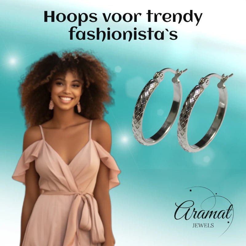 Oorringen – 25mm Creool Ruitjes Patroon RVS Zilverkleur Dames - Aramat Jewels - Oorringen - cadeautip