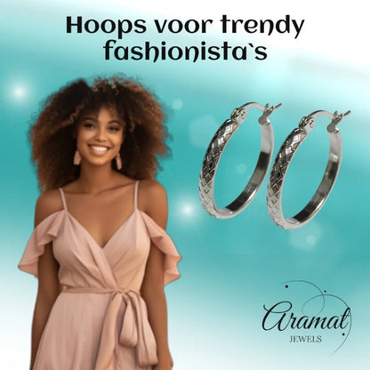 Oorringen – 25mm Creool Ruitjes Patroon RVS Zilverkleur Dames - Aramat Jewels - Oorringen - cadeautip