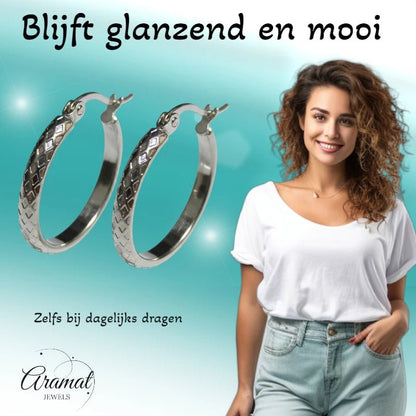 Oorringen – 25mm Creool Ruitjes Patroon RVS Zilverkleur Dames - Aramat Jewels - Oorringen - cadeautip