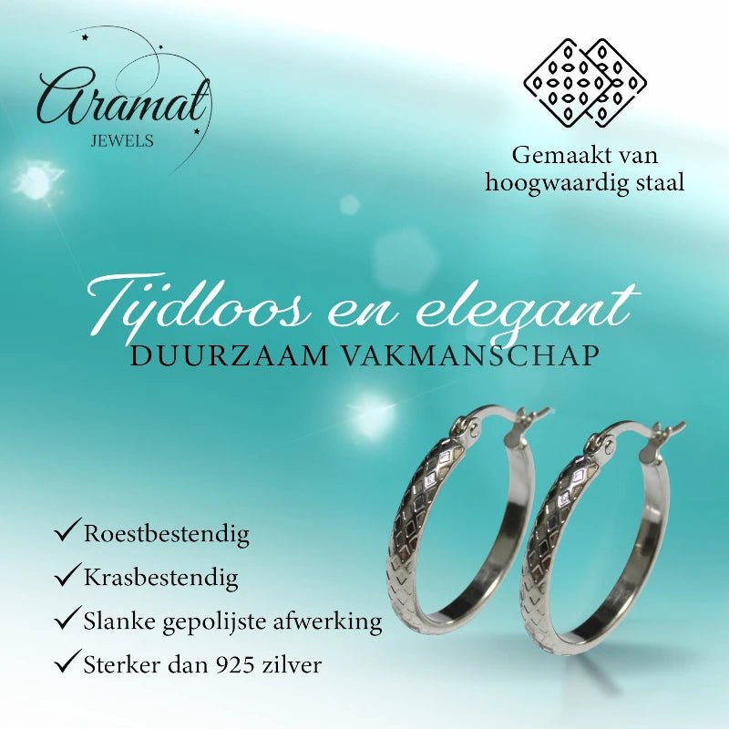 Oorringen – 25mm Creool Ruitjes Patroon RVS Zilverkleur Dames - Aramat Jewels - Oorringen - cadeautip