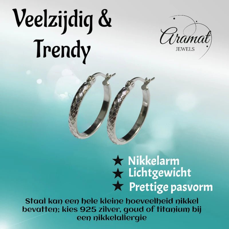 Oorringen – 25mm Creool Ruitjes Patroon RVS Zilverkleur Dames - Aramat Jewels - Oorringen - cadeautip