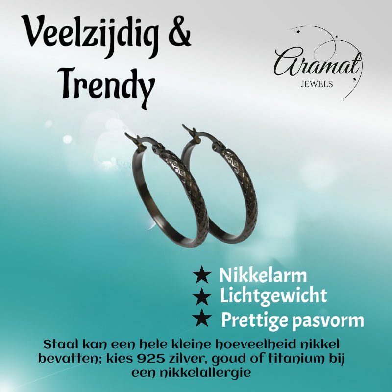 Oorringen – 30mm Creool Ruitjes Patroon RVS Zilverkleur en Zwart Dames - Aramat Jewels - Oorringen - cadeautip