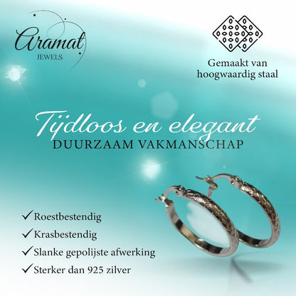 Oorringen – 30mm Creool Ruitjes Patroon RVS Zilverkleur en Zwart Dames - Aramat Jewels - Oorringen - cadeautip