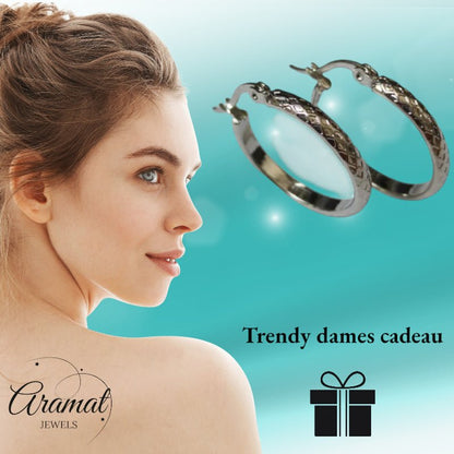 Oorringen – 30mm Creool Ruitjes Patroon RVS Zilverkleur en Zwart Dames - Aramat Jewels - Oorringen - cadeautip