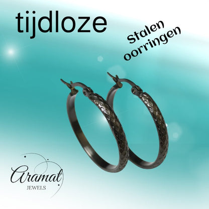 Oorringen – 30mm Creool Ruitjes Patroon RVS Zilverkleur en Zwart Dames - Aramat Jewels - Oorringen - cadeautip