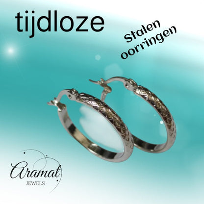 Oorringen – 30mm Creool Ruitjes Patroon RVS Zilverkleur en Zwart Dames - Aramat Jewels - Oorringen - cadeautip