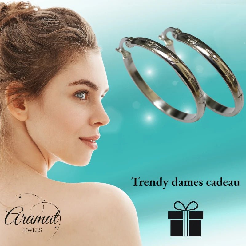 Oorringen – 35mm Creool Anker Motief RVS Zilverkleur Dames - Aramat Jewels - Oorringen - cadeautip