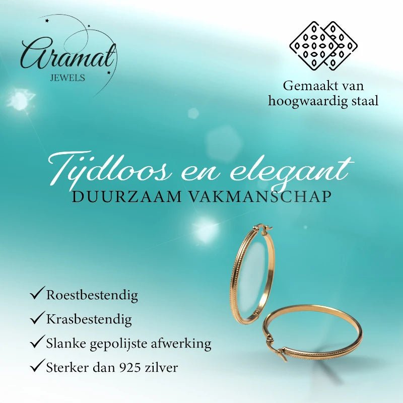 Oorringen – 40mm Hoepel Bewerkt RVS Goudkleur Dames - Aramat Jewels - Oorringen - cadeautip