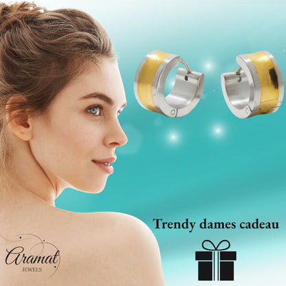 Oorringen – Bicolor RVS met Brede Goudkleurige Streep (13mm) - Aramat Jewels - Oorringen - cadeautip