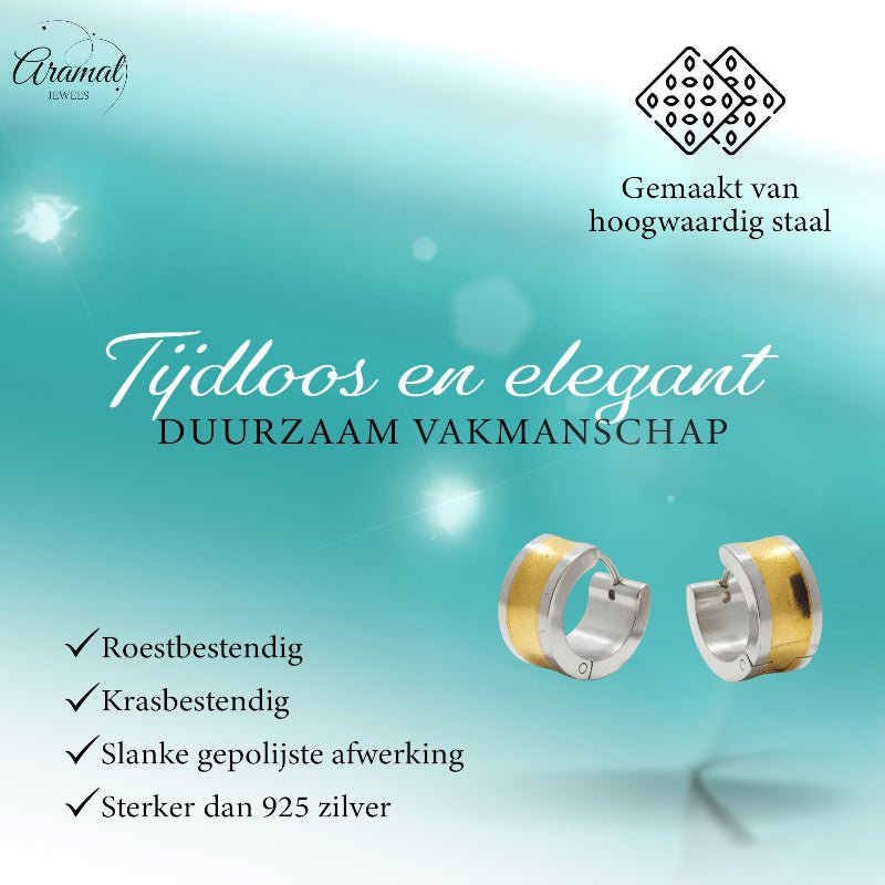 Oorringen – Bicolor RVS met Brede Goudkleurige Streep (13mm) - Aramat Jewels - Oorringen - cadeautip