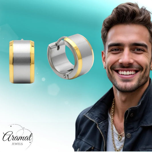 Oorringen – Bicolor RVS met Brede Zilverkleurige Streep (13mm) - Aramat Jewels - Oorringen - cadeautip