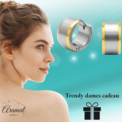 Oorringen – Bicolor RVS met Brede Zilverkleurige Streep (13mm) - Aramat Jewels - Oorringen - cadeautip