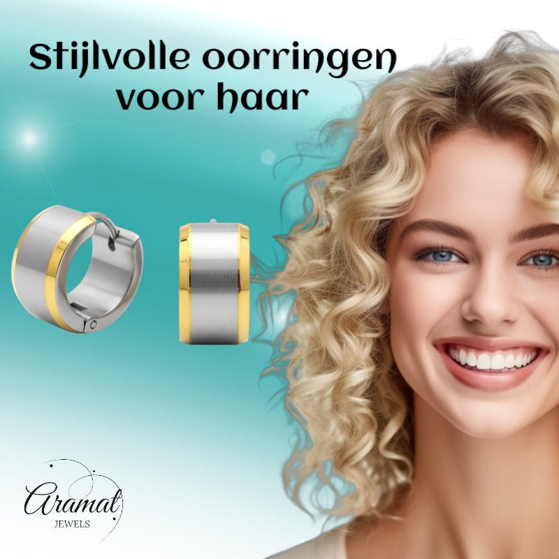 Oorringen – Bicolor RVS met Brede Zilverkleurige Streep (13mm) - Aramat Jewels - Oorringen - cadeautip