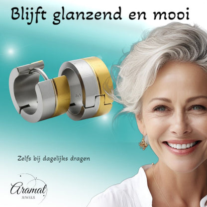 Oorringen – Bicolor RVS met Goudkleurige & Zilverkleurige Strepen (13mm) - Aramat Jewels - Oorringen - cadeautip