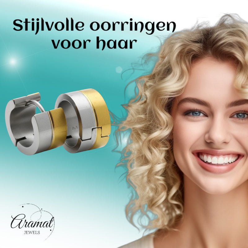 Oorringen – Bicolor RVS met Goudkleurige & Zilverkleurige Strepen (13mm) - Aramat Jewels - Oorringen - cadeautip