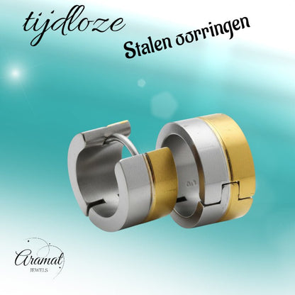 Oorringen – Bicolor RVS met Goudkleurige & Zilverkleurige Strepen (13mm) - Aramat Jewels - Oorringen - cadeautip