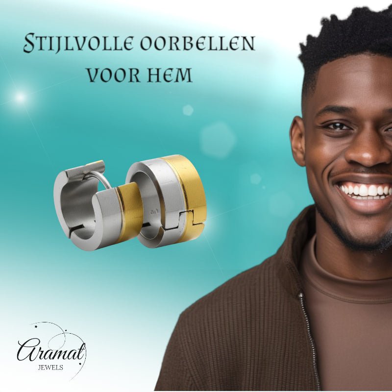 Oorringen – Bicolor RVS met Goudkleurige & Zilverkleurige Strepen (13mm) - Aramat Jewels - Oorringen - cadeautip