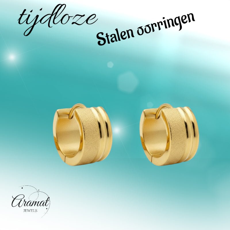 Oorringen – Goudkleurig RVS Sandblasted & Glanzende Strepen (13x7mm) - Aramat Jewels - Oorringen - cadeautip