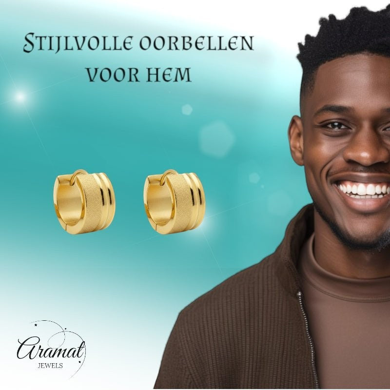 Oorringen – Goudkleurig RVS Sandblasted & Glanzende Strepen (13x7mm) - Aramat Jewels - Oorringen - cadeautip