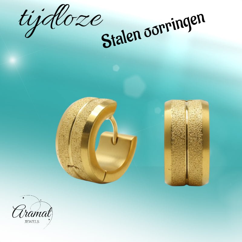 Oorringen – Goudkleurig Staal Sandblasted Strepen (13x7mm) - Aramat Jewels - Oorringen - cadeautip
