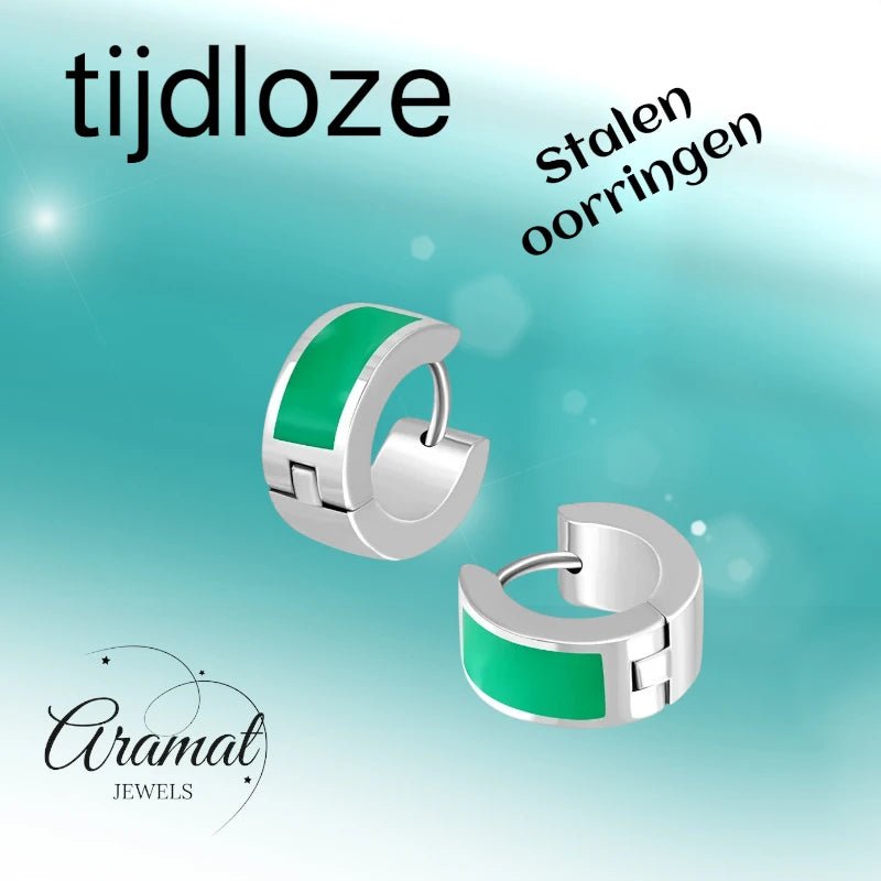 Oorringen kind – Staal Emaille Streep Groen Zilverkleur (10mm) - Aramat Jewels - Oorringen - cadeautip