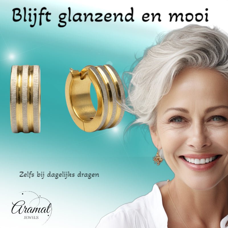 Oorringen – Mat Bicolor RVS Drie Strepen Zilver/Goud (13x4mm) - Aramat Jewels - Oorringen - cadeautip