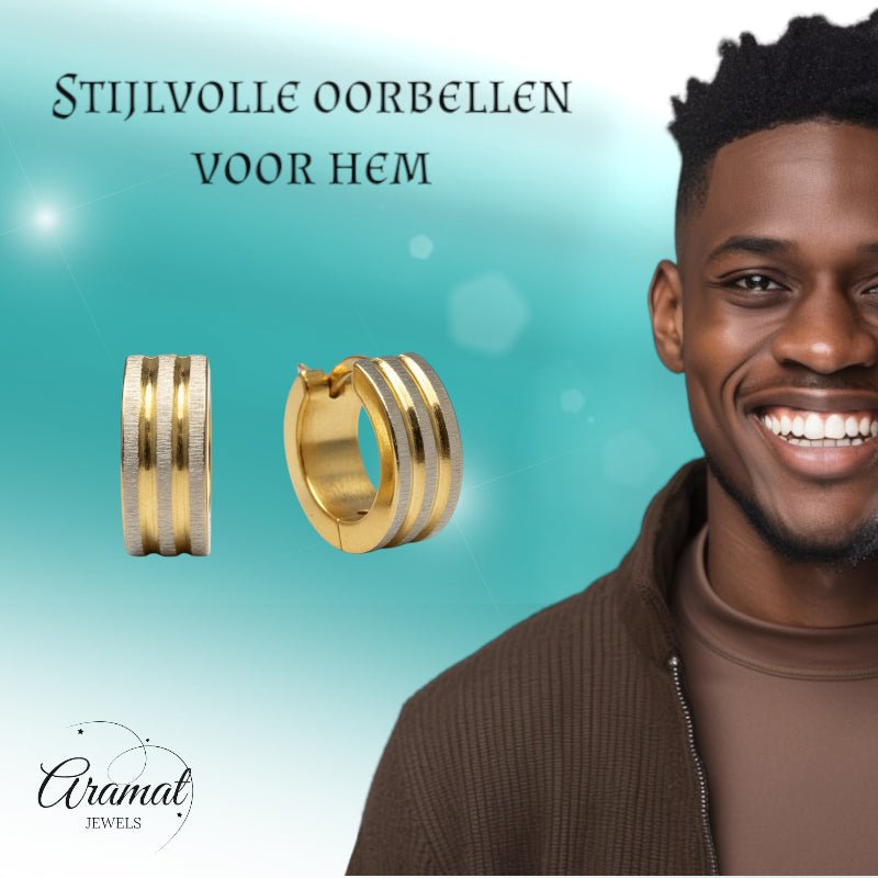Oorringen – Mat Bicolor RVS Drie Strepen Zilver/Goud (13x4mm) - Aramat Jewels - Oorringen - cadeautip