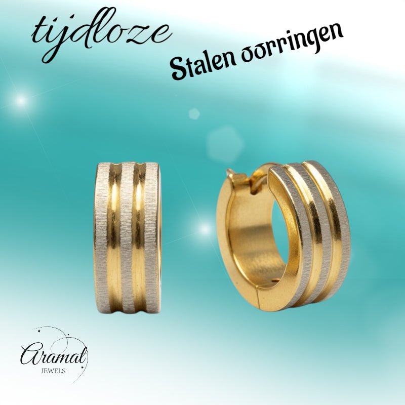 Oorringen – Mat Bicolor RVS Drie Strepen Zilver/Goud (13x4mm) - Aramat Jewels - Oorringen - cadeautip
