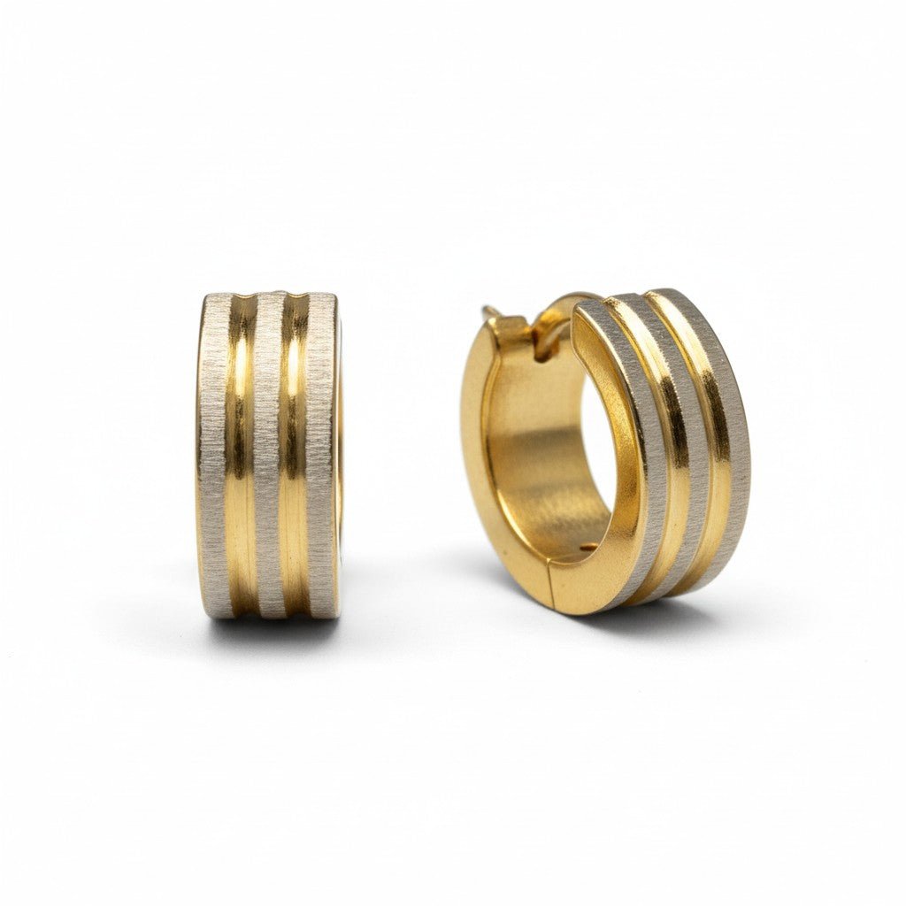 Oorringen – Mat Bicolor RVS Drie Strepen Zilver/Goud (13x4mm) - Aramat Jewels - Oorringen - cadeautip