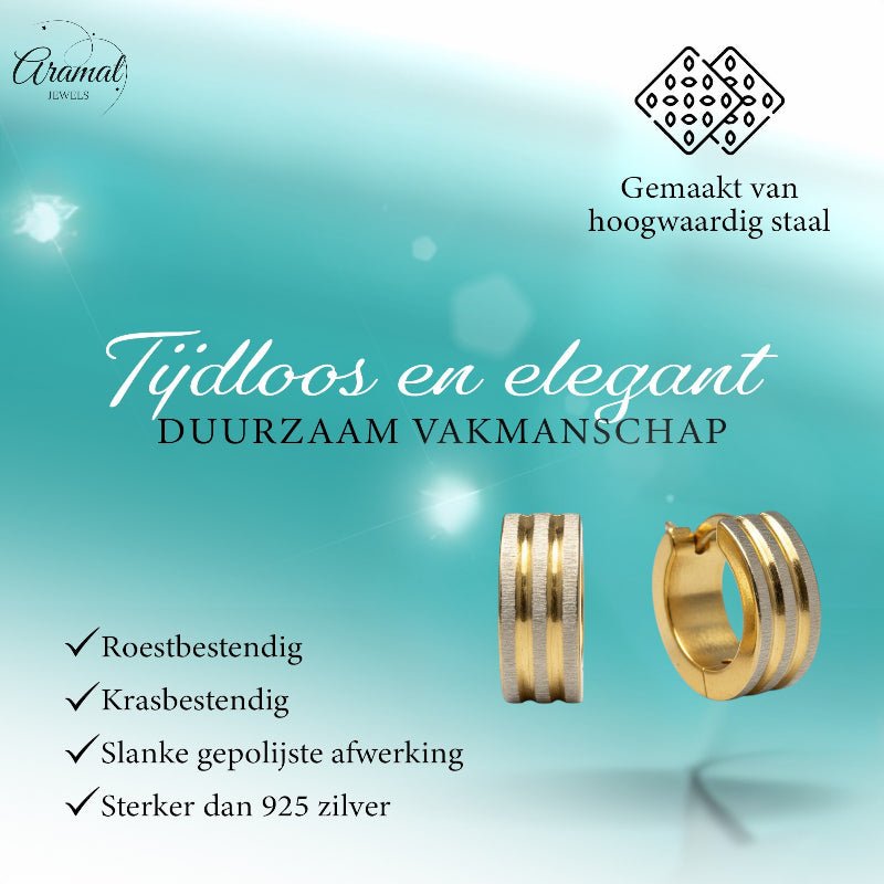 Oorringen – Mat Bicolor RVS Drie Strepen Zilver/Goud (13x4mm) - Aramat Jewels - Oorringen - cadeautip