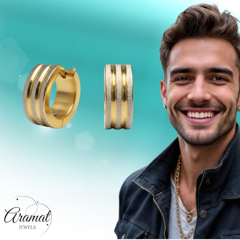 Oorringen – Mat Bicolor RVS Drie Strepen Zilver/Goud (13x4mm) - Aramat Jewels - Oorringen - cadeautip