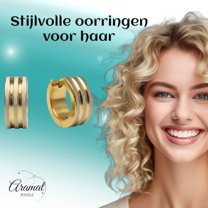 Oorringen – Mat Bicolor RVS Drie Strepen Zilver/Goud (13x4mm) - Aramat Jewels - Oorringen - cadeautip