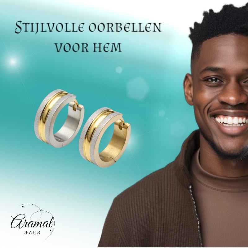 Oorringen – Mat Bicolor RVS Zilver/Goud Streepjes (20x7mm) - Aramat Jewels - Oorringen - cadeautip