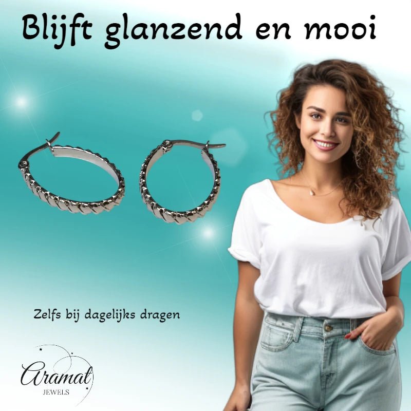 Oorringen – RVS Ovale Vorm met Schuine Streepjes (28mm) - Aramat Jewels - Oorringen - cadeautip