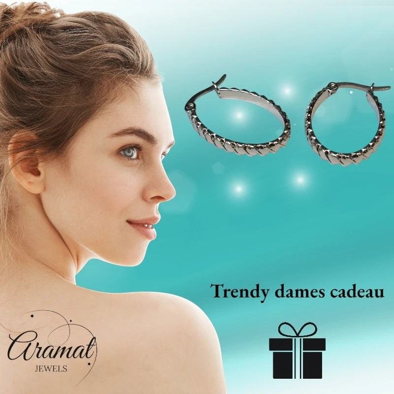 Oorringen – RVS Ovale Vorm met Schuine Streepjes (28mm) - Aramat Jewels - Oorringen - cadeautip