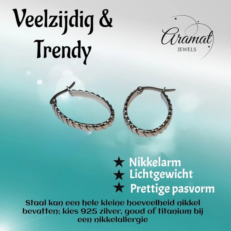 Oorringen – RVS Ovale Vorm met Schuine Streepjes (28mm) - Aramat Jewels - Oorringen - cadeautip