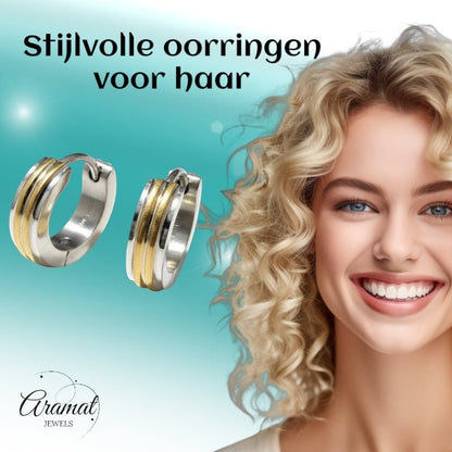 Oorringen – Smalle Bicolor RVS Zilver/Goud Streepjes (13x4mm) - Aramat Jewels - Oorringen - cadeautip