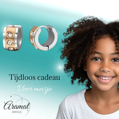 Oorringen – Staal Huggies Zirkonia Bicolor (13mm) - Aramat Jewels - Oorringen - cadeautip