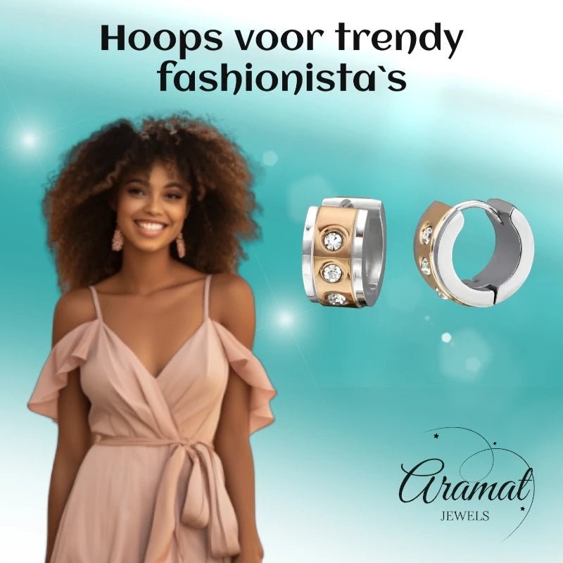 Oorringen – Staal Huggies Zirkonia Bicolor (13mm) - Aramat Jewels - Oorringen - cadeautip