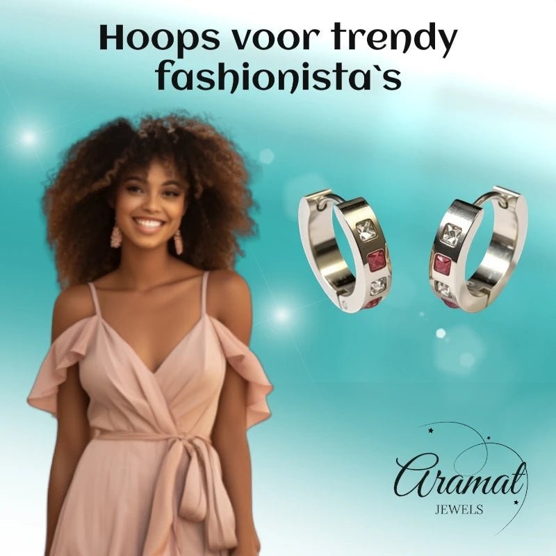 Oorringen – Staal Roze Transparante Zirkonia (17mm) - Aramat Jewels - Oorringen - cadeautip