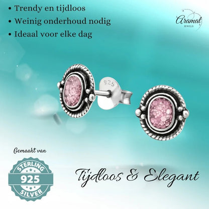 Oorstekers – 925 Zilver Bali Oorbellen Ovaal Roze Glitter 8x5mm Geoxideerd - Aramat Jewels - Oorbellen - cadeautip