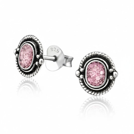 Oorstekers – 925 Zilver Bali Oorbellen Ovaal Roze Glitter 8x5mm Geoxideerd - Aramat Jewels - Oorbellen - cadeautip